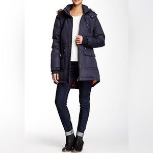 Sam Edelman Navy Faux Fur Trimmed Parka Stand Up Collar Coat Size L
